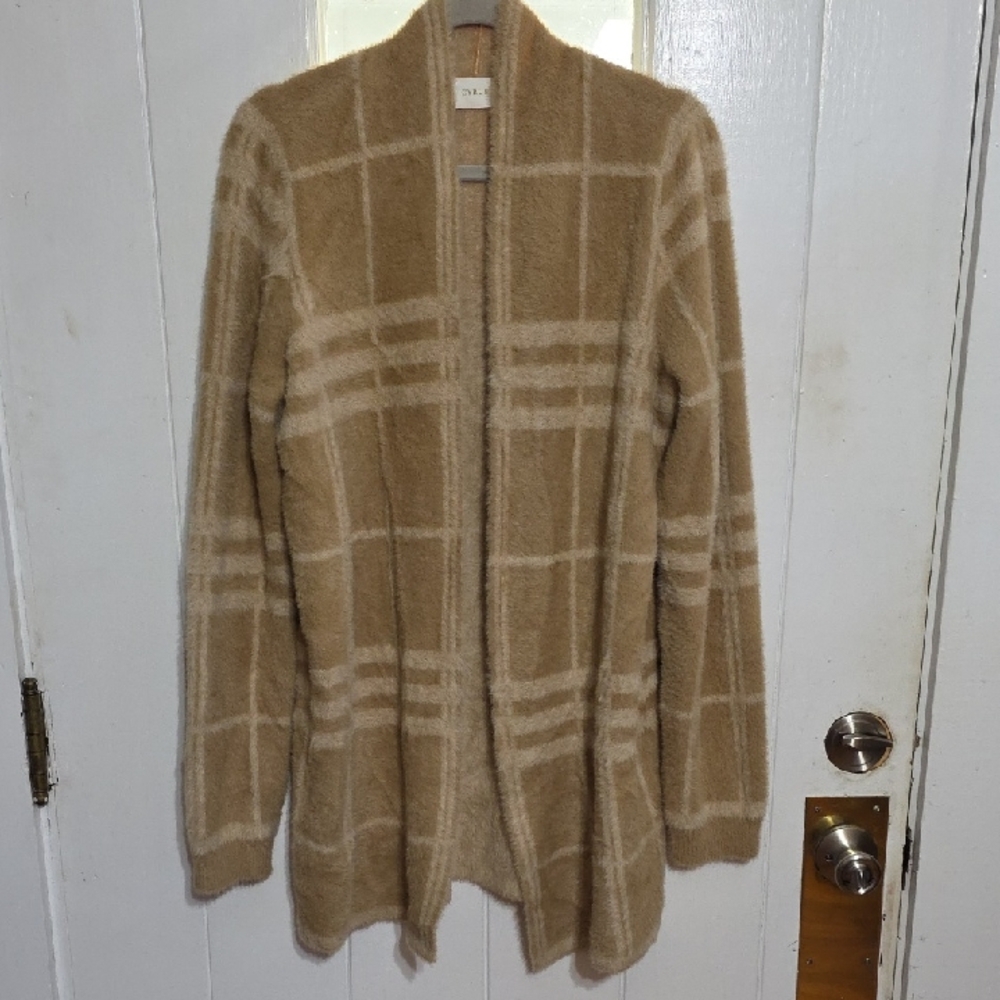 Cyrus Women's Cardigan Sweater Tan Plaid SUPER soft Cozy Plush Open Front Sz L
